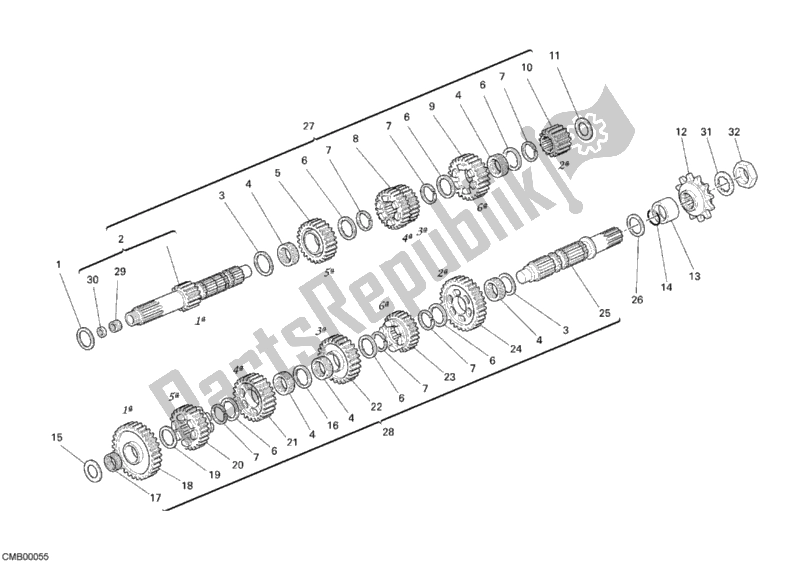All parts for the Gear Box of the Ducati Monster S2R 1000 2007